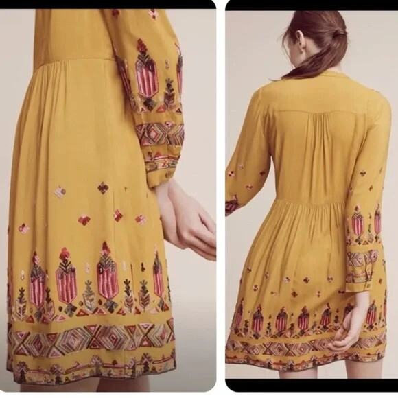 Anthropologie Floreat Womens Raella Yellow Embroidered Dress XL - Picture 3 of 8